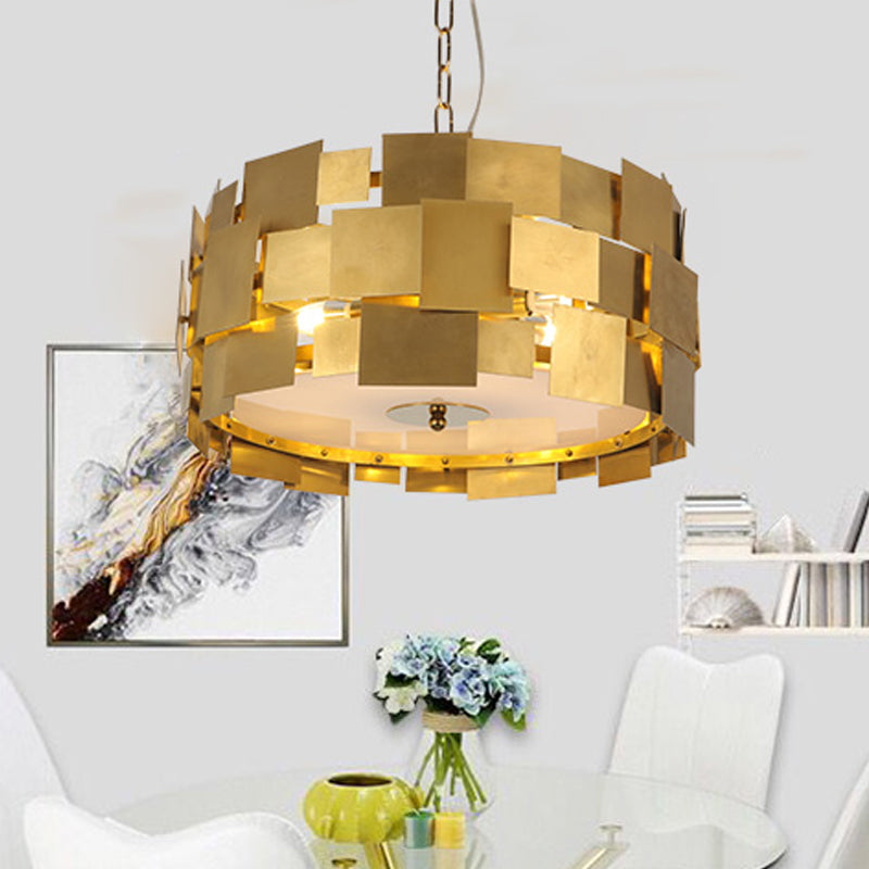 Modern Gold Square Panel Hanging Light With 6 Bulbs Metallic Drum Ceiling Chandelier Kit