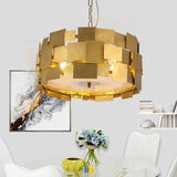 Modern Gold Square Panel Hanging Light With 6 Bulbs Metallic Drum Ceiling Chandelier Kit
