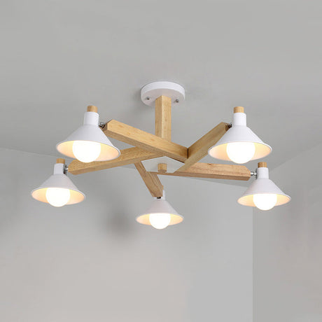 Modern Wood Spiral Semi Flush Mount Ceiling Lamp With 5 White Lights And Metal Cone Shade