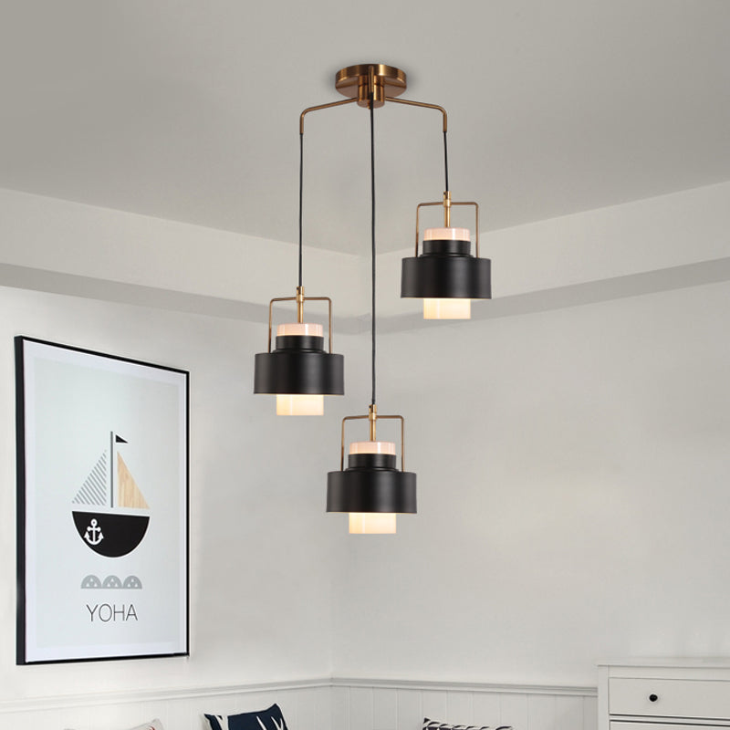 Modernist Drum-Shaped Metal Pendant - 3-Light Black Suspension Lamp