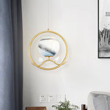 Gold Metallic 1-Light Hanging Lamp: Post Modern Ring Pendant With Planet Glass Shade & Bird Deco For