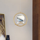 Gold Metallic 1-Light Hanging Lamp: Post Modern Ring Pendant With Planet Glass Shade & Bird Deco For