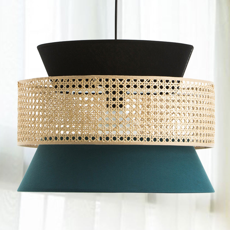Modern Hourglass Restaurant Ceiling Pendant Light - 1 Black And Blue With Rattan Decor Black-Blue