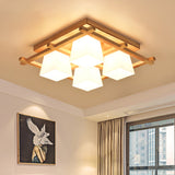Trapezoid Glass Flush Light: Japanese 4/6-Bulb Ceiling Fixture With Wood Grid Frame 4 / White