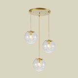 Minimalist Pumpkin Ball Pendant Light - Clear Glass 3 Lights Gold Finish Metal Line Deco