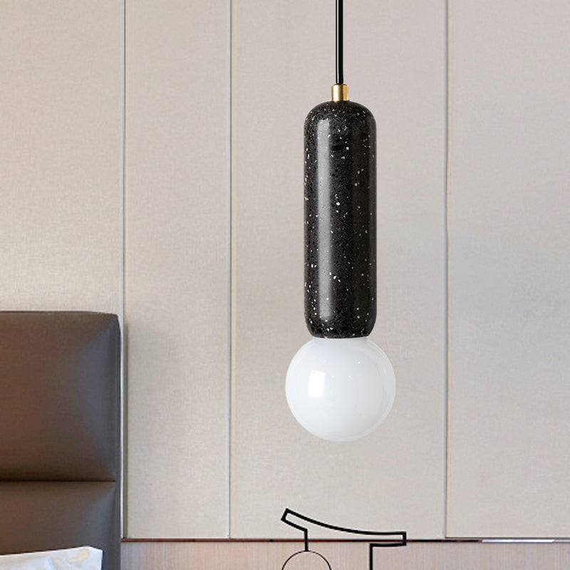 Minimalist Marble Capsule Pendant With Opal Glass Shade - 1 Light Bedside Hanging Lamp In