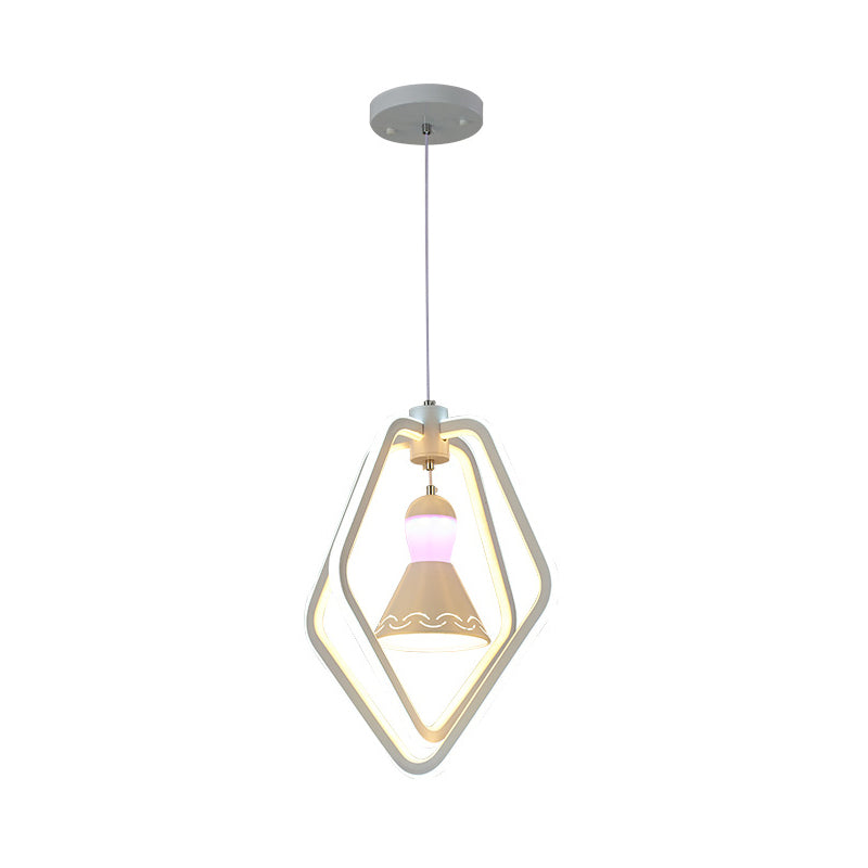 Pendant Lamp: Minimalist Led White Bell Inside Acrylic Dual Pentagon Frame Hanging Lighting
