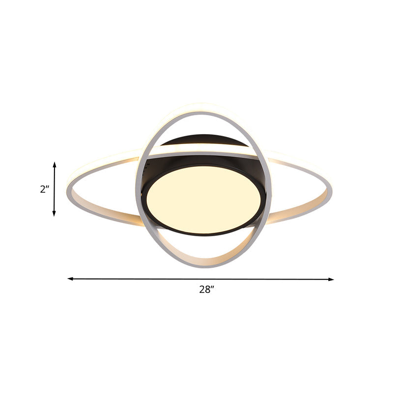 Modern Drum Flush Mount Lighting: Acrylic Led Fixture In Black/White With Cross Ring 20.5/28 Width