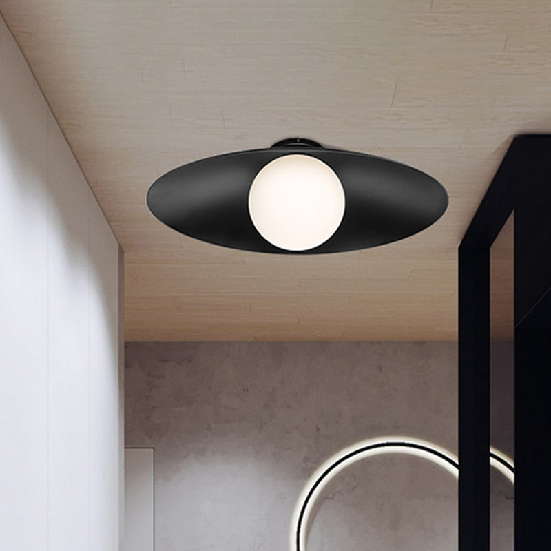 Modern Simple Orb Flush Mount Ceiling Light With Frosted Glass - 1 Black/White Oval Metal Shade