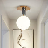 Minimalist Frosted Glass Spherical Flush Mount Lighting In Gold - Bedroom Ceiling Fixture
