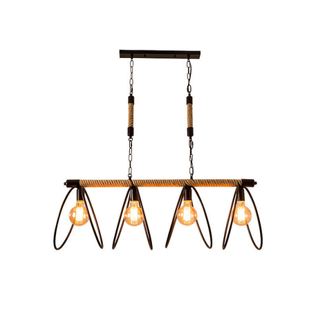 Rijl Al Awwa - Open 4 Lights Rope Chandelier Factory Black Finish Bulb Restaurant Pendant Light