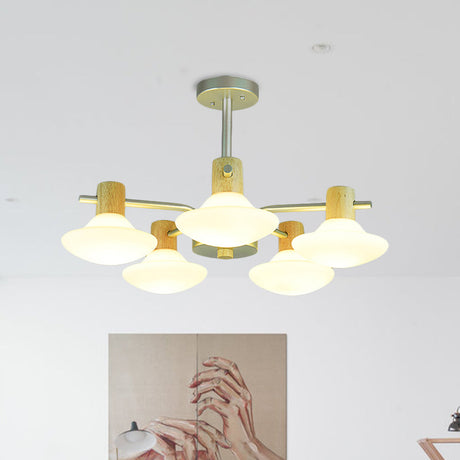 Modern Mushroom Semi Flush Ceiling Lamp With Opal Frosted Glass Wood Finish - 5/6 Head For Bedroom 5