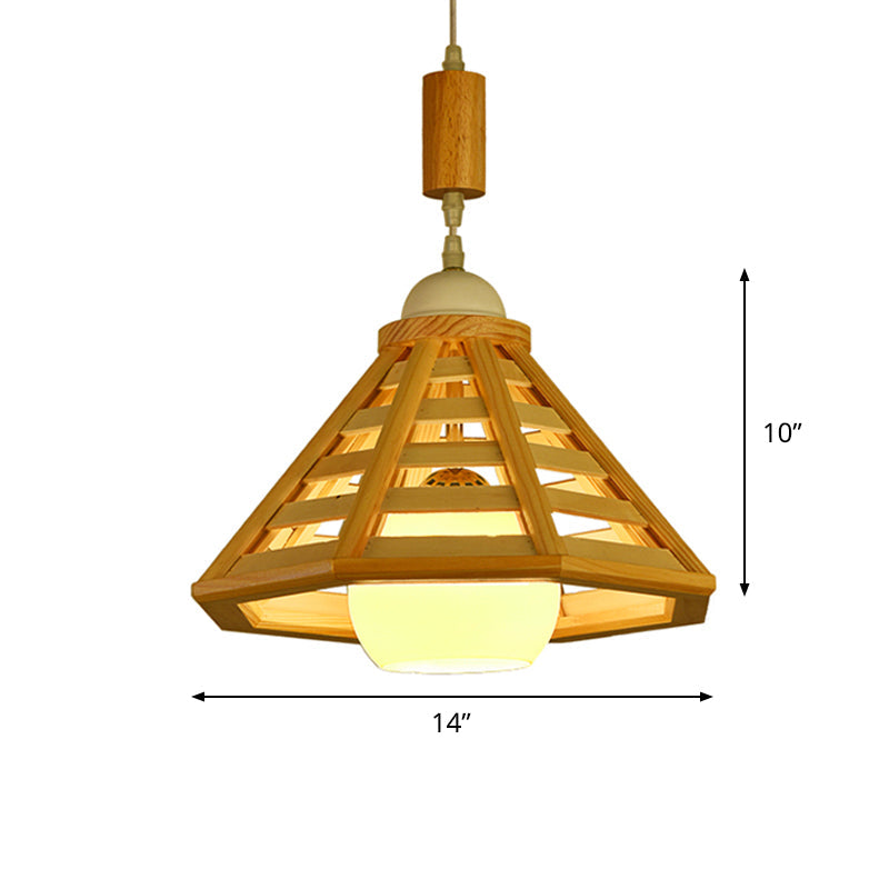 Modern Wood Pendant Light Fixture For Dining Room - Cone Cage Down Lighting 1 Beige Lamp