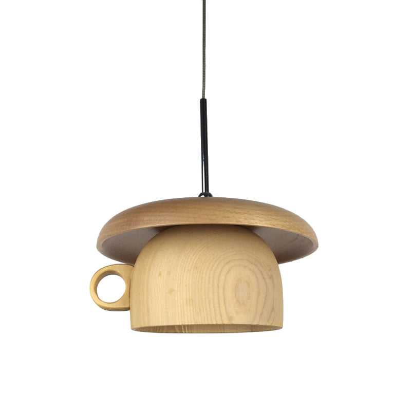 Modernist Wood Coffee-Cup Pendant Light With Led Beige Ceiling Hang Fixture - 1-Bulb