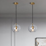 Postmodern Global Clear Glass Mini Hanging Light - 1 Brass Suspension Lamp 6/10 Wide