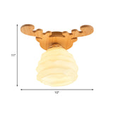 Modern White Glass Honeycomb Flush Mount Ceiling Lamp With Wood Antler Design