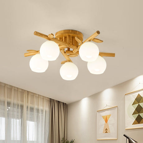 Modern Wood Branch Semi Flush Lighting - Beige Lamp With Milk White Glass Shade (3/5-Head)