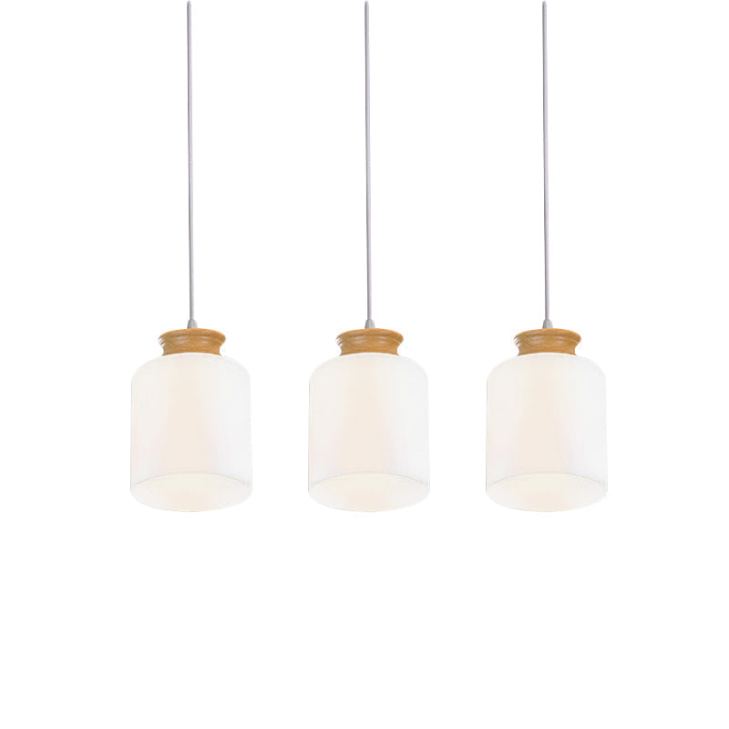 Modern White Glass Cylinder Chandelier With Wood Suspension Lamp - 3 Heads Round/Linear Canopy