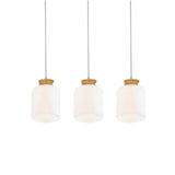 Modern White Glass Cylinder Chandelier With Wood Suspension Lamp - 3 Heads Round/Linear Canopy