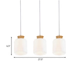 Modern White Glass Cylinder Chandelier With Wood Suspension Lamp - 3 Heads Round/Linear Canopy