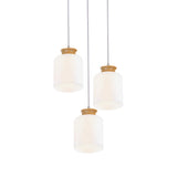 Modern White Glass Cylinder Chandelier With Wood Suspension Lamp - 3 Heads Round/Linear Canopy