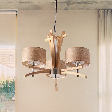 Modernist Wood Pendant Chandelier - Beige Radial Ceiling Light With 3/6 Suspended Lights And Shade 3