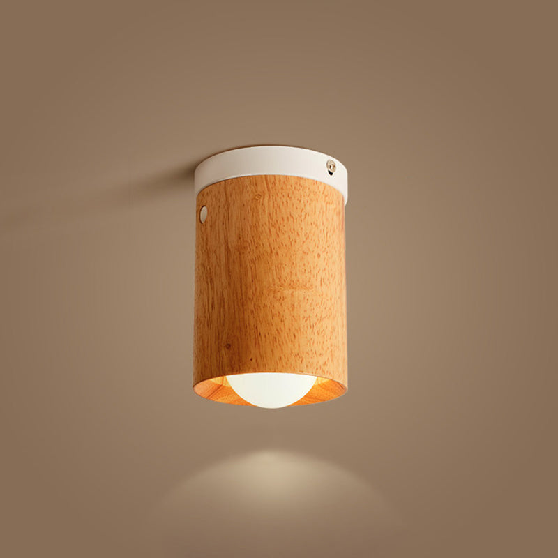Minimalistic Beige Tubular Flushmount Ceiling Lamp With Wood Accent For Bedroom - 1 Bulb Flush Mount