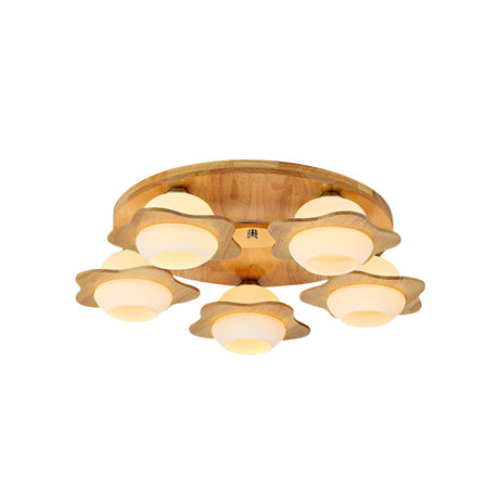 Modernist Floral Wood Flush Mount With Frosted Glass Shade - 3/5 Lights Beige Fixture
