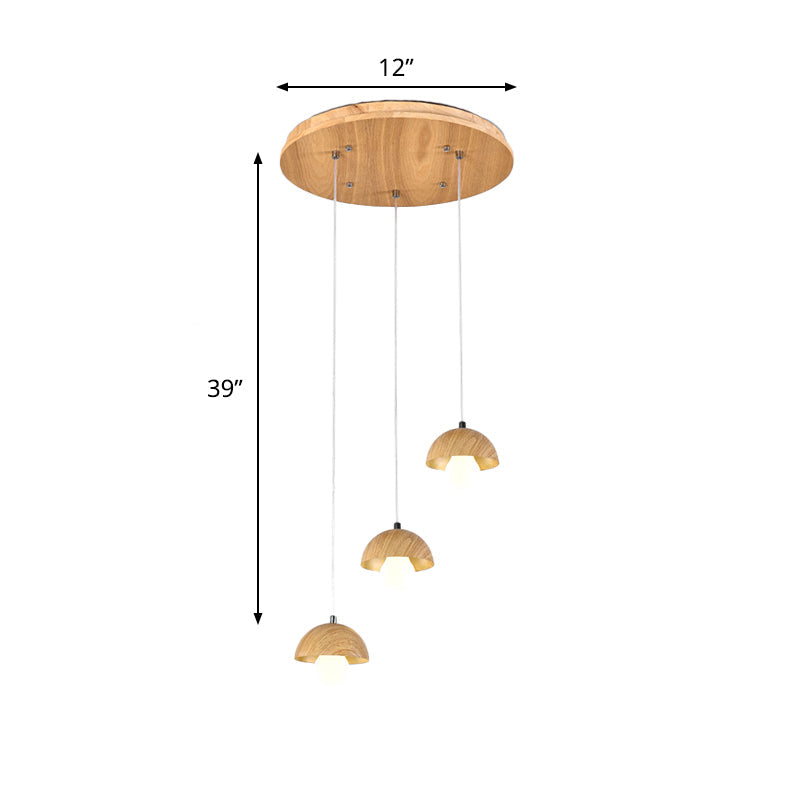 Modern Beige Wood Dome Pendant Chandelier With Multi-Light Design - 3 Bulbs
