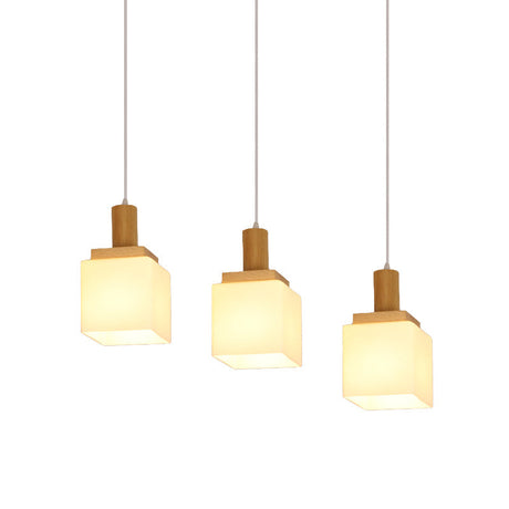 Modern Wood Cube Hanging Light With Opal Glass Shades - 2/3 Heads Pendant Lamp Fixture