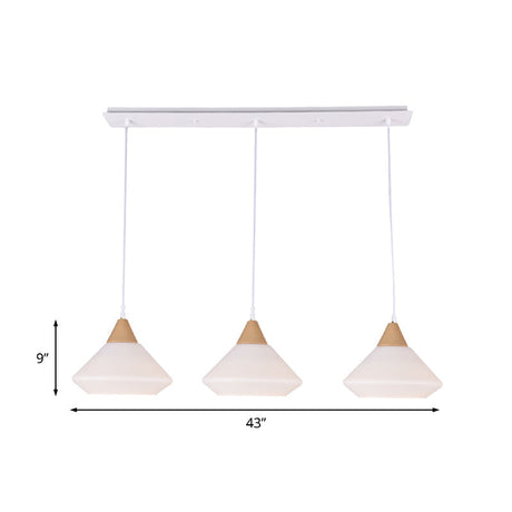 Simple Wood Cone Pendant Light With Cream Glass - 3 Bulbs Hanging Ceiling Lamp Fixture