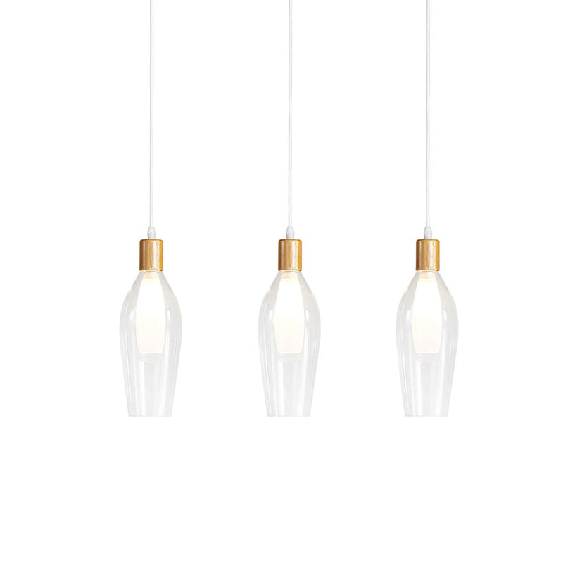 Modern Tulip Glass Pendant Chandelier Clear Wood Accents 3-Bulb Hanging Ceiling Lamp