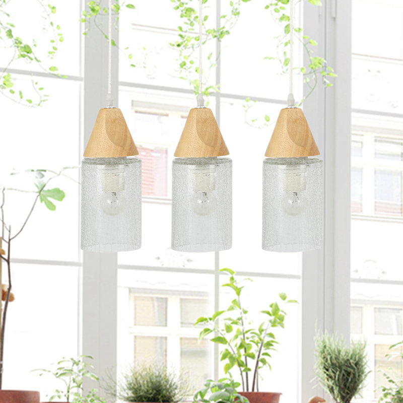 Modern 3-Bulb Wood Suspension Lamp: Clear Cracked Glass Tube Pendant For Dining Room
