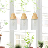 Modern 3-Bulb Wood Suspension Lamp: Clear Cracked Glass Tube Pendant For Dining Room