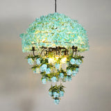 Iron Industrial Chandelier With Blue Bowl Wire Cage And Crystal Decoration - 10 Bulb Suspension