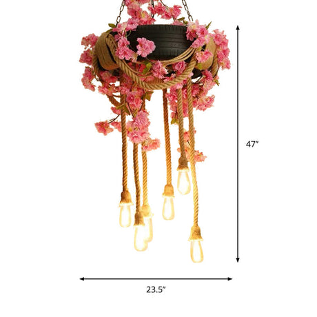 Pink/Green 6-Light Chandelier Lamp With Hemp Rope Design - Flower Pendant & Rubber Tire Decoration