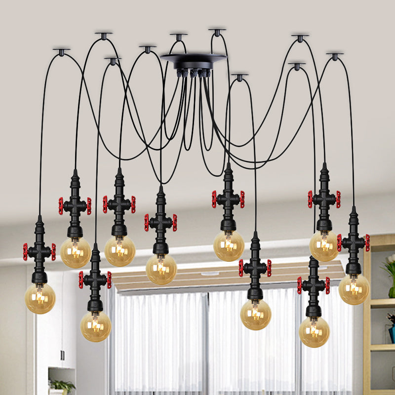 Industrial Globe Led Ceiling Light With Amber Glass And Multiple Heads 10 / Black