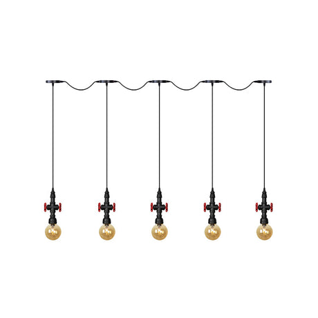Antiqued Sphere Chandelier With Led Lights - 3/5/7-Bulb Amber Glass Pendant In Black