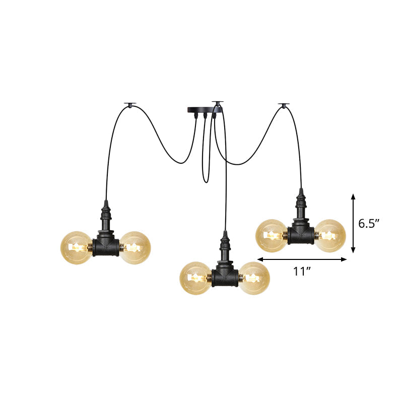 Industrial Orb Amber Glass Swag Pendant Lamp - 4/6/12 Bulbs Multi Hanging Light Fixture Black