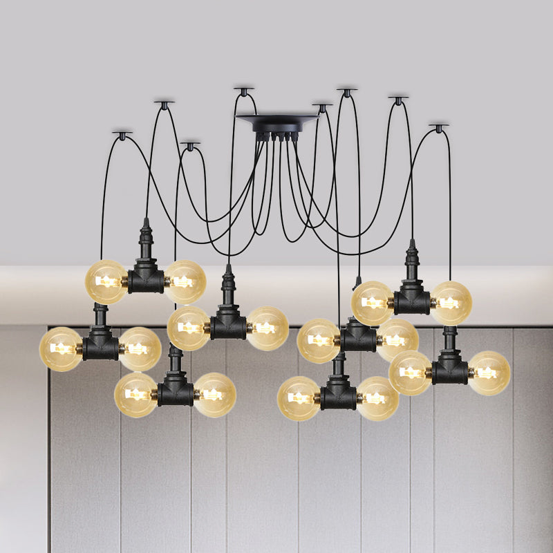 Industrial Orb Amber Glass Swag Pendant Lamp - 4/6/12 Bulbs Multi Hanging Light Fixture Black