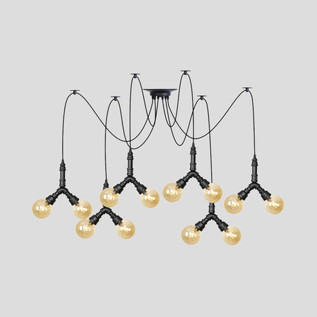 Industrial Amber Glass Globe Swag Ceiling Light With Led - 4/6/12 Lights For Restaurant And Home In