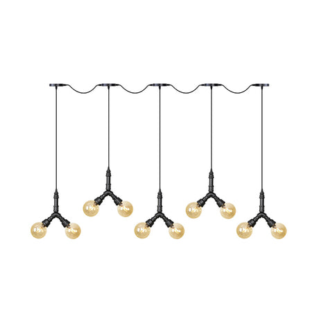 Vintage Sphere Led Pendant Light Fixture: 6/10/14-Bulb Amber Glass Swag Hanging In Black