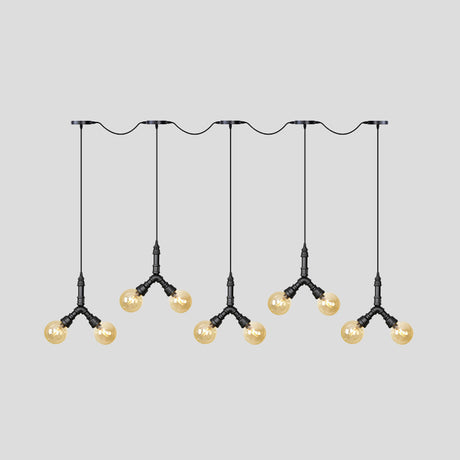Vintage Sphere Led Pendant Light Fixture: 6/10/14-Bulb Amber Glass Swag Hanging In Black