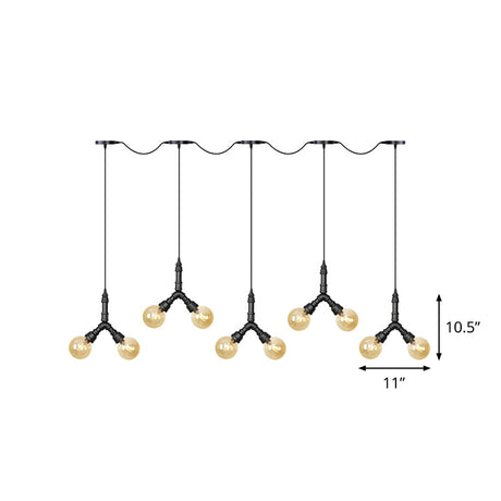 Vintage Sphere Led Pendant Light Fixture: 6/10/14-Bulb Amber Glass Swag Hanging In Black