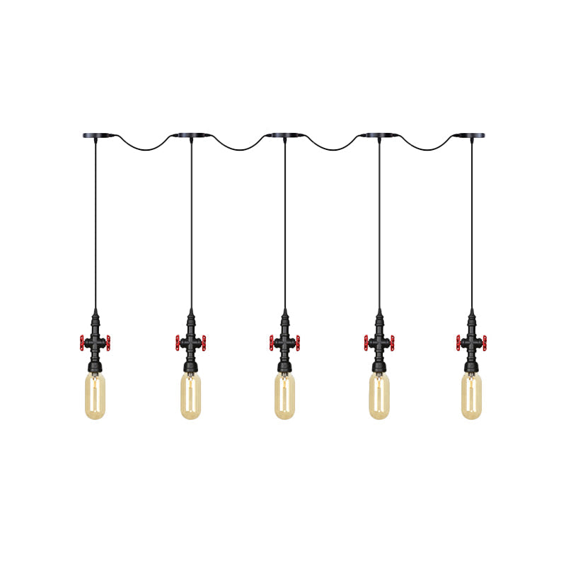 Industrial Amber Glass Multi-Pendant Hanging Lamp Kit - Black Capsule Tandem 3/5/7-Light Option For