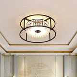 Modern Crystal Flush Light Fixture With Black Metal Frame - 5-Head Living Room Mount Lamp / Round
