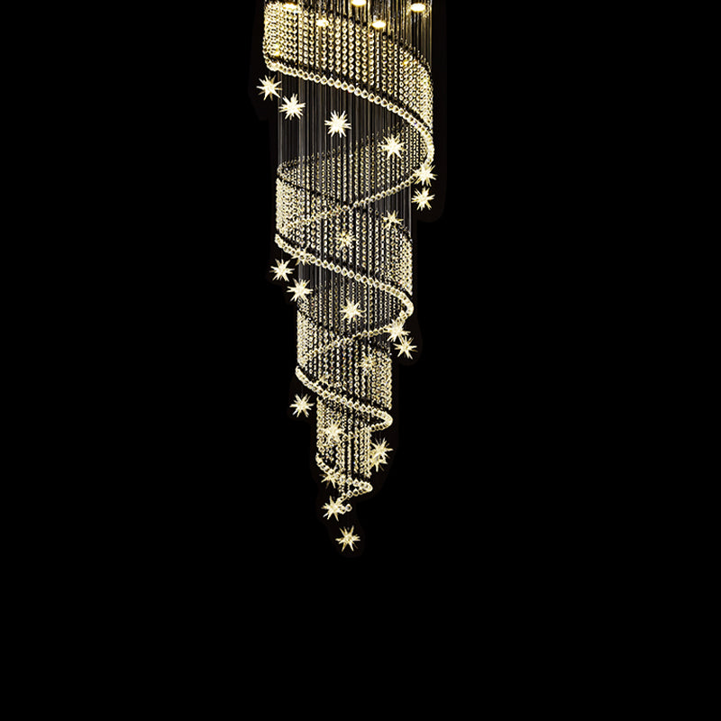 Stylish Spiral Ceiling Light With 4 Clear Crystal Bead Heads - Elegant Stair Suspension Lamp