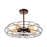 Vintage Fan Shaped 5-Light Iron Ceiling Light With Wire Cage Shade - Semi Flush Mount In Rust/Black