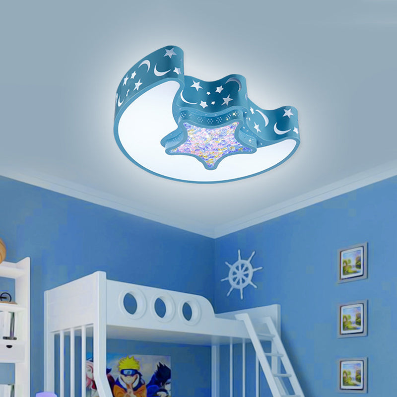 Contemporary Led Flush Pendant Light For Bedroom - Ceiling Mounted Fixture With Moon And Star Design
