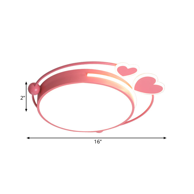 Modern Pink Drum Flush Mount Led Ceiling Lamp With Loving Heart Design In Warm/White Light